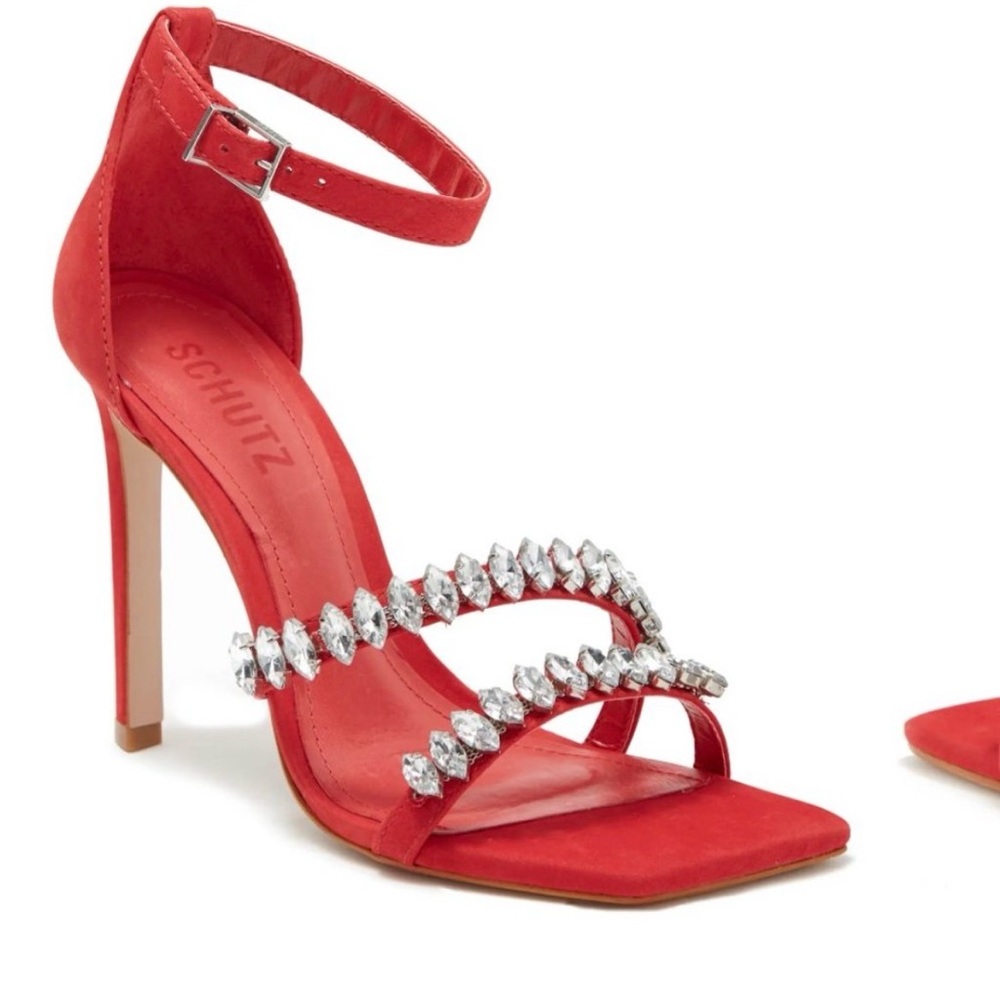 SCHUTZ Red Crystal-Embellished Ankle-Strap Sandals (Genuine Leather)